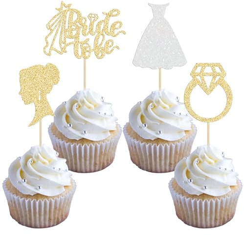 Gyufise 24 Pack Gold Glitter Bride To Be Cupcake Toppers with Diamond Bride Tulle Dress Cupcake Toppers for Bridal Shower Supplies Wedding Engagement Bachelorette Party Decorations