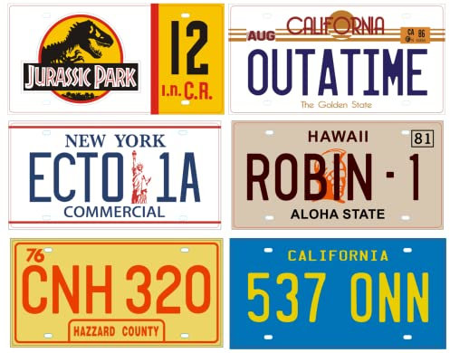 OPO 10 - - Lot von 6 Nummernschild-Repliken der Autos Kompatibel mit 6 berühmten Filmen und Serien (Magnum, Starsky, Jurassic, Ghostbusters, Back to The Future, Sheriff ...) PF18