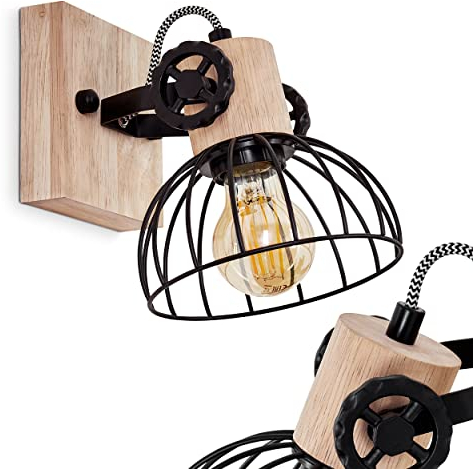 Wandleuchte Orny, Wandlampe Vintage-Design aus Holz/Metall in Natur/Schwarz m. Lichteffekt, Schirm in Gitter-Optik, Leuchte m. Holzbalken, Textilkabeln, verstellbarer Strahler, E27, ohne Leuchtmittel