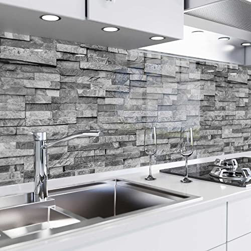 danario Küchenrückwand selbstklebend - Glasoptik - Spritzschutz Küche - versteifte PET Folie - 0,8 mm - Steinwand - 60cm x 340cm