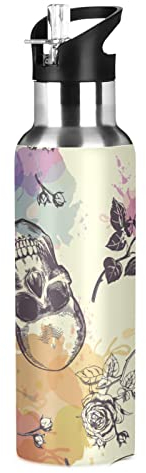 Gourde isotherme en acier inoxydable avec couvercle à paille, motif têtes de mort, 600 ml