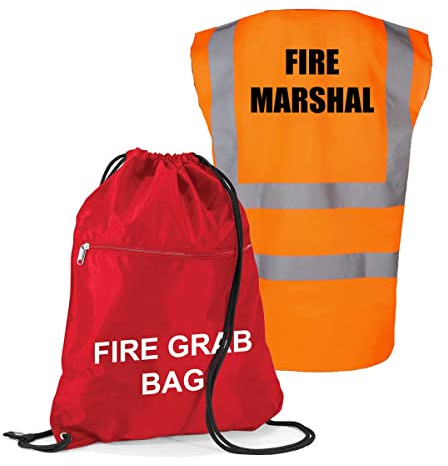 Workplace Fire Evacuation Kit - Printed Red Documents & Equipment Drawstring Fire Grab Bag with Hi Visibility Printed Marshal Vest