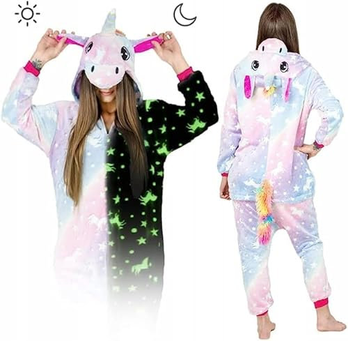 ZOLTA Jumpsuit Onesie für Damen und Herren - Sanft Kuschelig Unisex Pyjama - Warme Schlafanzug - Karneval Kostüm Damen oder Herren - Beliebte und Lustige Einhorn - Größe XL - Rainbow Glowing Unicorn