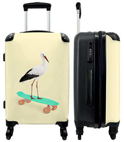 NoBoringSuitcases.com® Koffer groß Trolley Rollkoffer Reisekoffer mit 4 Rollen Fotokoffer - Storch - Weiß - Tiere - Skateboard - Schwarz - 67x43x25cm - 90 Liter