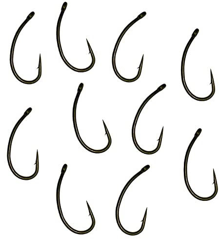 Carp On - Packs of 10 CURVED SHANK Fishing Hooks Eyed - Barbless or Micro Barbed Size 6 or 8 Camo Green Or Brown - Made From Teflon Coated Carbon Steel (Micro Barbed - Camo Brown, Pack of 10 - Size 8)