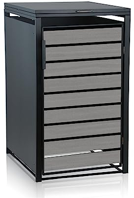 Zelsius Mülltonnenbox 1er Mülltonne | (B) 68 x (T) 80 x (H) 117 cm | Anthrazit RAL 7016 | Tür in hellgrauer Holzoptik inkl. Erweiterungsmöglichkeit | Mülltonnenverkleidung, 1 Tonne, Müllhaus