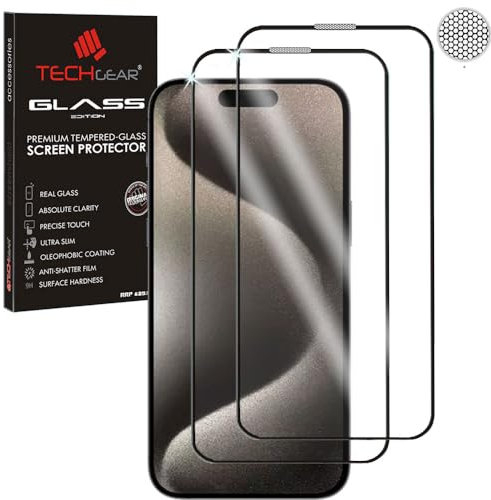 TECHGEAR 2 Pack Screen Protectors Compatible with iPhone 15 Pro 6.1, [FULL Screen Adhesion] & [Full Coverage] 3D GLASS Edition Tempered Glass Screen Protectors Guards Covers - Black