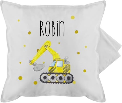 Kissenbezug - Bagger Baumaschine Baufahrzeug Bagger-Fan Baustellenfahrzeug - 50 x 50 cm - Grau - Polster für Kindergarten Bagger-Kissen Baggerfahrer baustellenfahrzeuge Kissen Kinder Namen￼
