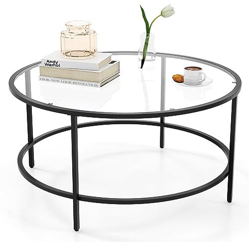 COSTWAY 90cm Round Coffee Table, Tempered Glass Cocktail Center Tea Table with Adjustable Foot Pads, Modern Metal Frame Accent Side Table for Living Room, Bedroom and Office (Black)