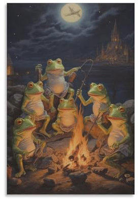 FOCCAR Frösche Landschaft Leinwanddrucke Wandkunst Mond Nacht Natur Bauernhaus Poster Wanddekoration für Heimdekorationen Kunstwerk