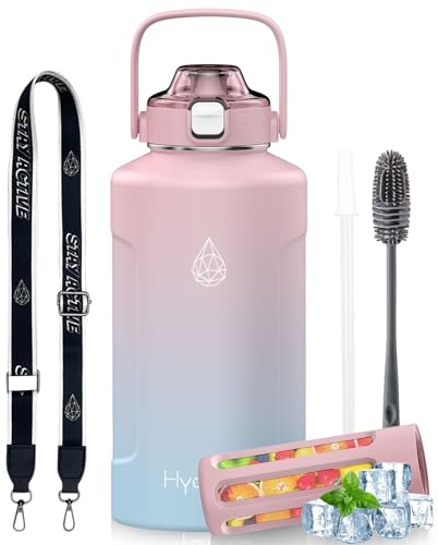 Half Gallon Stainless Steel Water Bottle Insulated with AutoLock Spout Lids & Pop-up Straw & Fruit Infuser & Carry Strap, Metal Water Jug Wide Mouth 64 oz Leakproof(Pink-Blue Gradient,Strap)