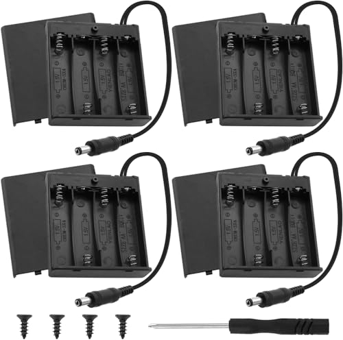 Xiatiaosann 4 AA Battery Holder with DC 5.5x2.1mm Male Connector, 6V Battery Holder Power Case Box with On/Off Switch/Cover, Screws, Screwdriver (4 Pack)