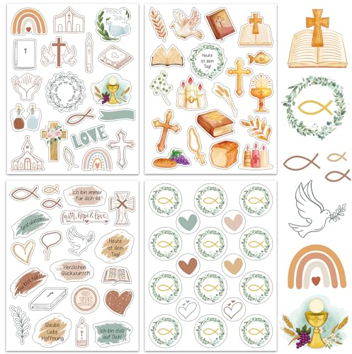 16 Bögen Sticker Kinder Aufkleber Set - ideal zum Kommunion, Konfirmation, Taufe - Stickerbögen für Gästebuch Fotoalbum - für Mädchen und Junge