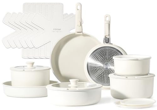 CAROTE 21pcs Detachable Handle Pots and Pan Set, Nonstick Induction Cookware, Removable Handle, RV Oven Safe Cookware, Cream White