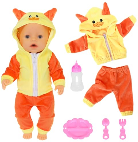 Cartoon Baby Puppe Outfits mit Fütterungsflasche, Löffel, Gabel und Speiseteller für 43cm / 17 Zoll Neugeborene Babypuppen (Keine Puppe)