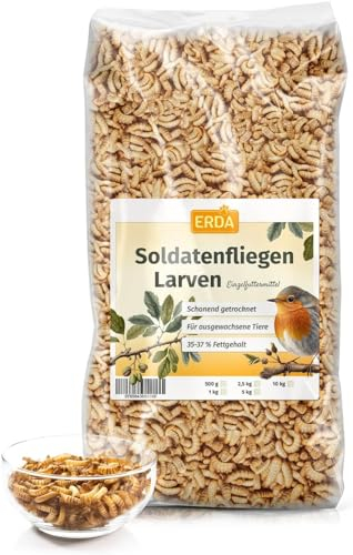 ERDA® Getrocknete Soldatenfliegenlarven 1kg - Natürliches, Proteinreiches Vogelfutter für Wildvögel und Igel, Ideal als Leckerlies und Snack, Hochwertiges Insektenfutter