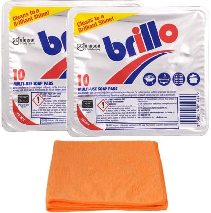 2X Brillo Soap Pads - 2 X10 Pads- Multi-Purpose Kitchen Washing Soap Pads Scourer for Pans, Pots, Cookers - with Microfibre Cloth