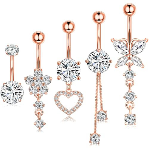 5 Stück Bauchnabelpiercing Rosegold Bauchnabelpiercing 10mm Stablänge Bauchnabelpiercing Chirurgenstahl mit Strass Bauchnabelpiercing Titan Clip Bauchnabelpiercing Herz Geschenk für Frauen Schmuck.
