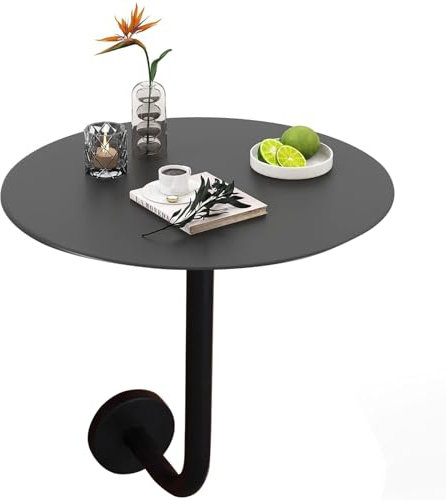 Kleiner, runder Beistelltisch in Schwarz mit Metallplatte und L-förmiger Wandhalterung. Beistelltisch für den Außenbereich. Zeitgenössische Wohndekoration. Esstisch/Couchtisch (50 x 50 x 45