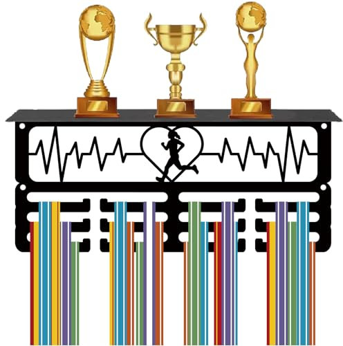 CREATCABIN Medaillen Trophäenregal Medaillenaufhänger Ausstellungsregal Mit 12 Haken Ständer Sport Wandhalterung Schwarzer Trophäenhalter Medaillen Organizer Gestell Für Im Frauenturnen 29x13x10cm