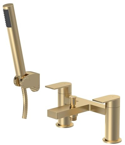 Balterley Bath Mixer Tap with Shower Kit, Dual Lever Round Bath Filler Tap, Round Head Showers for Bathrooms, Bathroom Taps with Shower Head and Hose Set - 230 x 154 x 119mm (Brushed Brass)
