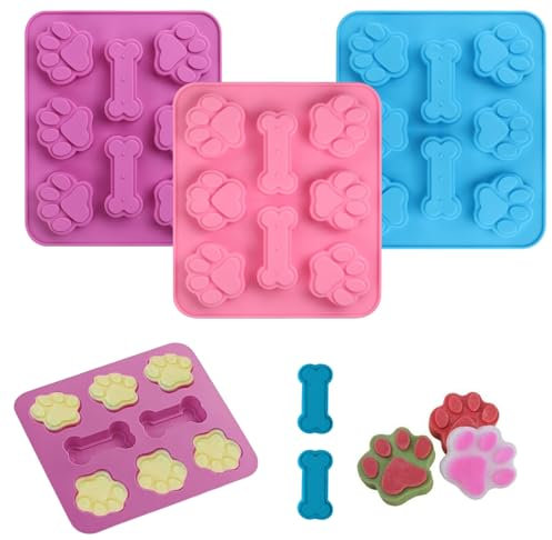 Lot de 3 moules en silicone pour pattes de chien et os - Moule à chocolat - Anti-adhésif - En silicone - Réutilisable - Pour friandises pour chien, bonbons, gelée, glaçons