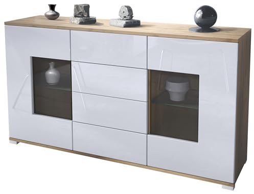Vladon Sideboard Grömitz V1, Kommode mit 2 großen Türen und 4 Schubladen, Eiche Evoke/Weiß Hochglanz (138,5 x 75,5 x 35)