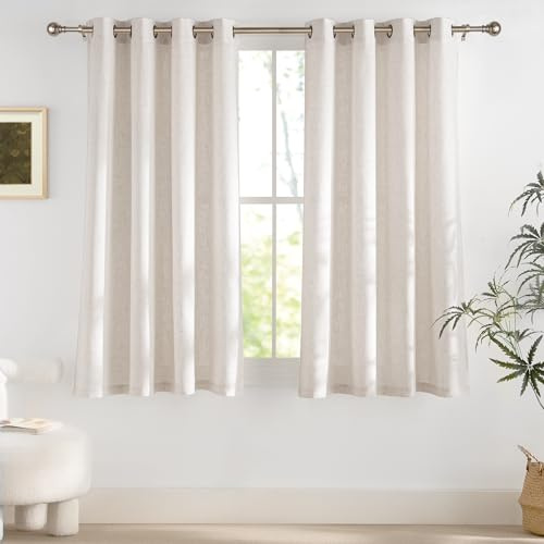 PONY DANCE Kurze Gardinen Halbtransparent Vorhang Leinen Küche/Schlafzimmer | Hellcreme,2er Set,H160 x B140 cm,Boho Gardinen Leinenoptik mit Bronzenen Ösen,Dichter Leinenvorhang(250g/m²),Linen Curtains