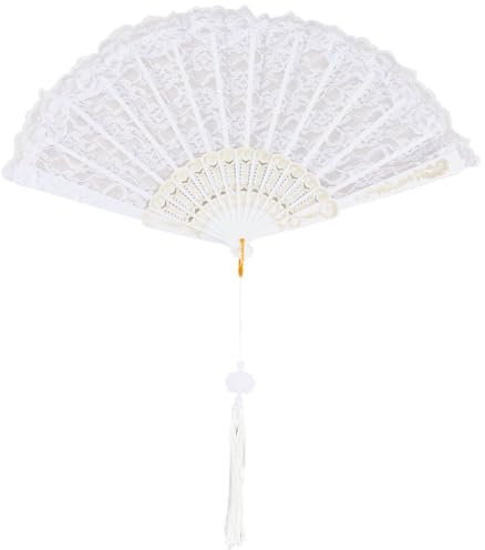 CREATCABIN White Lace Folding Fan Line Dance Popping Fan Lolita Embroidered Foldable Fan Clack Fan for Dancing Performence Party Wedding Decor Tea Party Fans Protable Cooling Hand Fan 10in