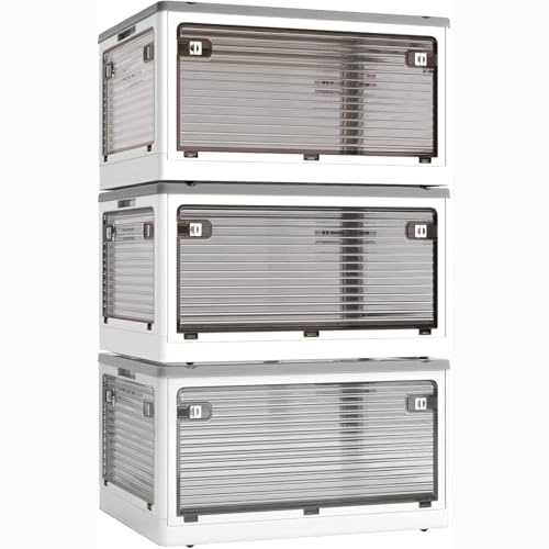 Roqao 3 Stück Aufbewahrungsboxen mit Deckel, 252L (60 x 42 x 100 cm) Faltbare Stapelboxen mit Rollen, Zusammenklappbare 5-Türen Plastik Eurobox für Wohnzimmer Küche Lebensmittel, Weiss