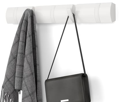 Umbra Flip Garderobenhaken, Platzsparend, 5 Haken, Weiss/Weiss | Pappelholz, multifunktional für Jacken Schals und Taschen, platzsparendes Wanddesign, einfache Anbringung