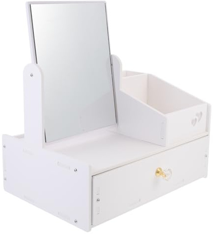 JOYOFREELY Dustproof Cosmetic Storage Drawer Box with Mirror for Desktop and Home, White Pvc Multifunctional Makeup Organizer with Home Storage, for Cosmetics and Mobile Phones