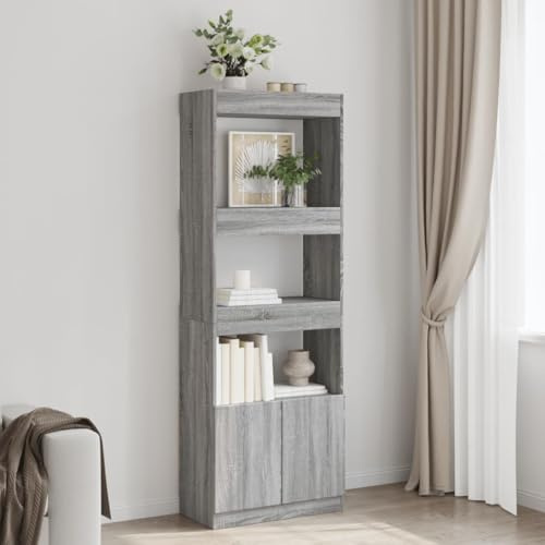 faucqel Highboard Grau Sonoma Holzwerkstoff 63x33x180 cm, Bücherschrank mit Türen, Wohnzimmerregal, Bücherregal Modern, Bücherstandregal, Buchregal Vintage, vielseitig nutzbar