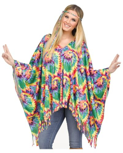 Bunter Hippie Poncho mit Haarband für Flower Power Motto Party & Karneval