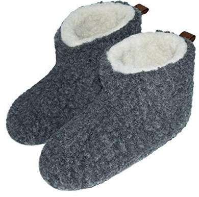 Moro-Design Hausschuhe Hüttenschuhe Lammfell Schafwolle Schaffell Leder Dunkel Grau Gr.35-48 (46)