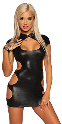 Saresia Schwarzes erotisches Frauen Dessous Gogo Wetlook-Minikleid mit Cutouts und Stehkragen