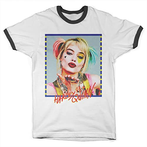 Offizielles Lizenzprodukt Harley Quinn Kiss Ringer Herren T-Shirt (Weiß-Schwarz), L