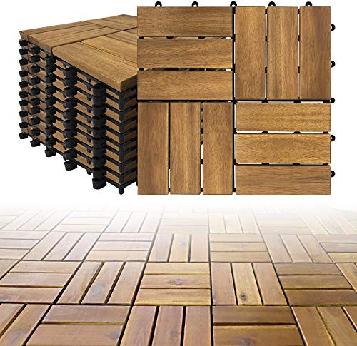 LZQ Holzfliesen aus Akazien Holz, 30 x 30cm 22er Set für 2 m², Garten-Fliese Bodenbelag mit Drainage, Klick-Fliesen für Garten Terrasse Balkon (Model B, 22 Stück | 2m²)