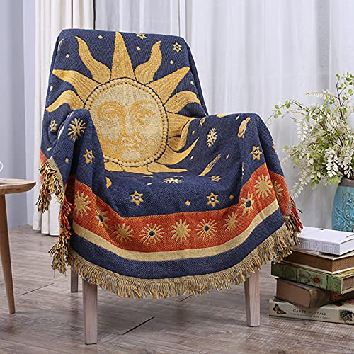 HOORDRY Sonne und Mond Tagesdecke mit Fransen,Doppelseitig Baumwoll Gewebt Indianer Decke 130X 180CM - Eignet Sich als Couchdecke bettüberwurf Sesseldecke und auch als sofaüberwurf,Gelb/Blau