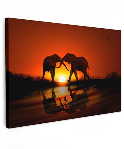 MuchoWow Leinwand Bilder, Einzigartige Wanddeko mit Rahmen, Elefantenpaar bei Sonnenuntergang, Wandbilder Wohnzimmer, Deko Schlafzimmer 150x100 cm