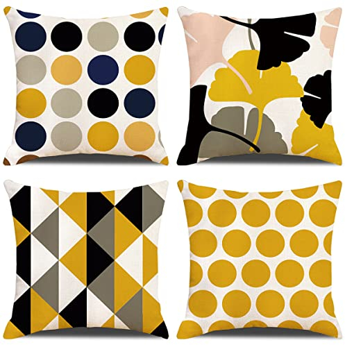 GYISANA 4er Set Dekorativ Kissenbezug Baumwolle Leinen Kissenhülle Dekokissen Sofakissen für Couch, Auto, Schlafzimmer 45x45 cm (Gelb Geometrie)