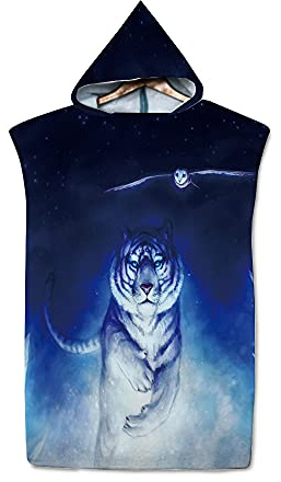 FANSU Surf Poncho Umziehhilfe Handtuch, Mikrofaser Badeponcho Strand Bademantel Badetuch für Erwachsene Damen und Herren Strandtuch Handtuch mit Kapuzen (75x110cm,Weißer Tiger)