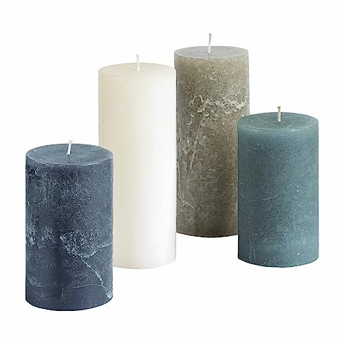 Loberon Kerze 4er Set Berekua, Zwei Größen, handgearbeitet, durchgefärbt & geruchsneutral, hübsche Farbkombi, Adventskerzen, Adventskranz, Stumpenkerzen, Paraffinwachs, bunt