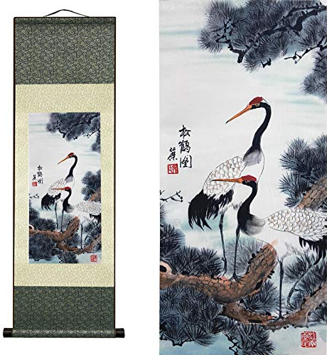 Rollbild aus Seidenmalerei Asiatische Wanddekoration Tier - Weißer Kranich Roter Kronenkranich Chinesische Kunstwandrolle Hängende Bildrolle Orientalisches Dekor Die Seide Scroll-Malerei(92 x 30 cm)