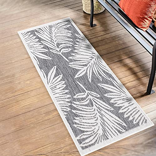 payé Outdoor Teppich Wetterfest - 100x200cm - Grau Weiß - Pflanzen Muster - Teppiche für Terrasse Balkon Garten Indoor