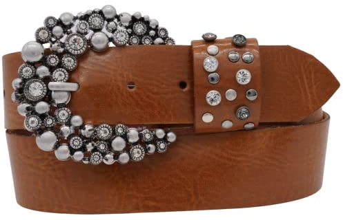 AnnaMatoni Damen Leder Gürtel weiches Rindsleder 3mm stark mit Hochwertiker Strassstein Schließe 4cm breit Damen Ledergürtel (braun 640, TW115 - Gesamtlänge 130cm)