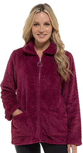Undercover Ladies Waffle Fleece Bed Jacket – Soft Coral Fleece Zip Up Dressing Gown with Peter Pan Collar & 2 Front Pockets – Cosy Warm Lounge Jacket