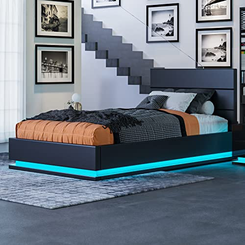 BESTWANTED Gas Lift Ottoman Storage Bed,4FT6 Double Bed Frame with Storage, Ottoman Bed with LED Lights, Faux Leather, Black