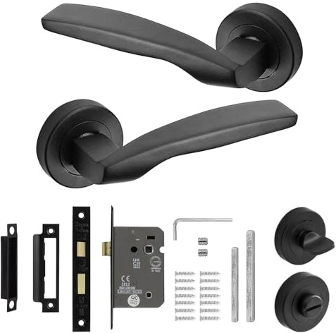 Decoranddecor Solitude Matt Black Door Lever Handles On 54mm Rose Aluminium Curved Design (Bathroom Lock Kit)