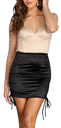 FeMereina Women's Sheer Mesh Long Sleeve Glitter Sexy See Through Blouses Round Neck Sequin Rhinestone Slim Fit Crop Tops (Nude Color, M)